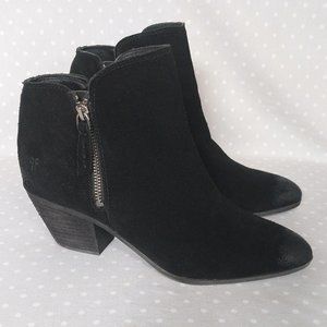 Frye Judith Distressed Black Suede Heeled Ankle Bootie with Side Zip